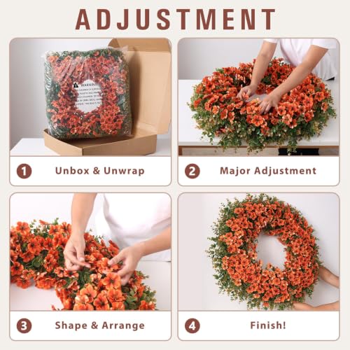 Image of 32 inch Large Artificial Silk Flower Eucalyptus Wreath for Outdoor(Fall Orange) | Large Silk Wreath, Faux Starry Sky Morning Glory Flowers&Eucalyptus Leaves, for Porch /Wall /Window /Farmhouse /Autumn Decoration