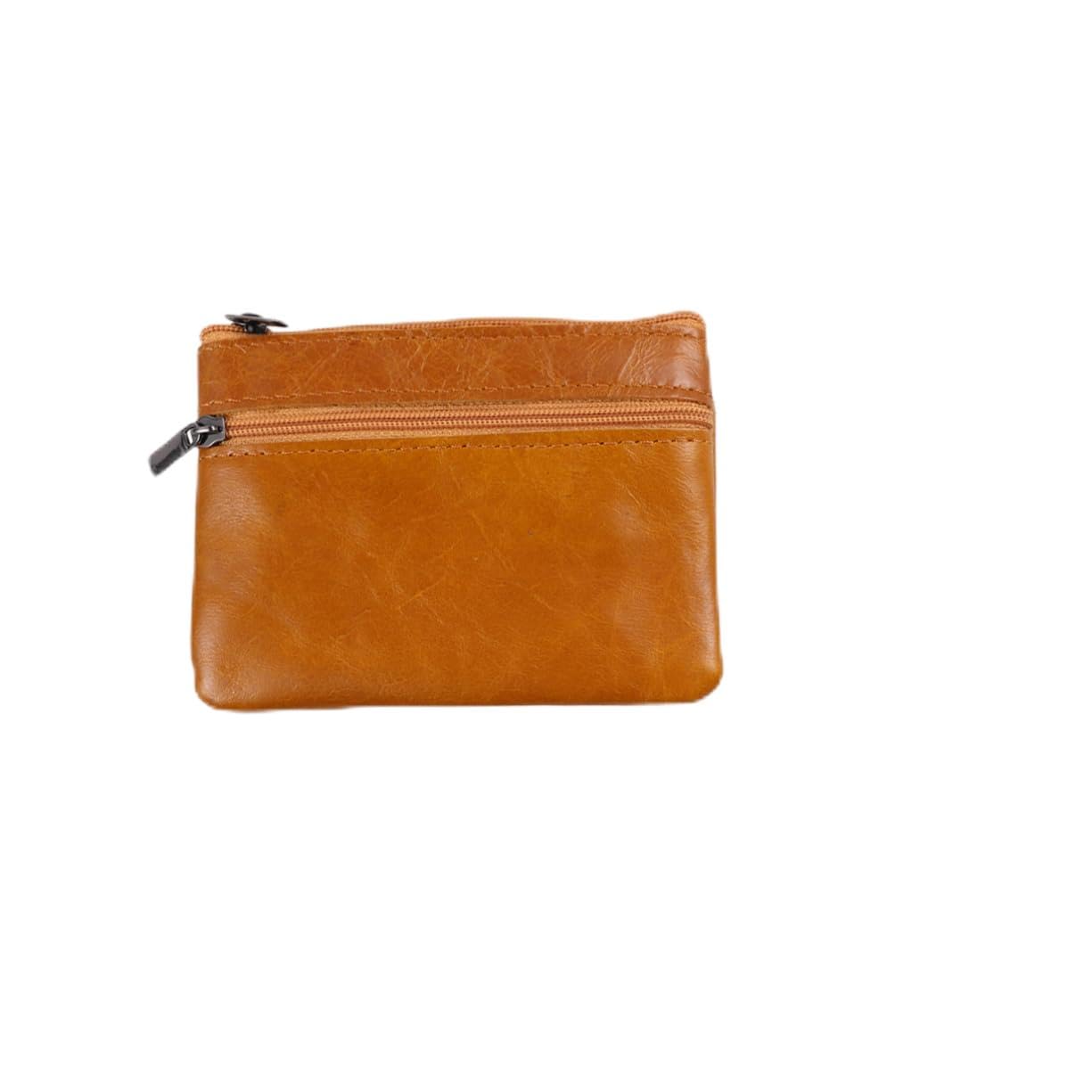 FRCOLOR Unisex Mini Leather Wallet with Zipper Design Compact Pocket Purse for Coins Cash and Cards Durable Credit Holder Light Brown for Daily Use