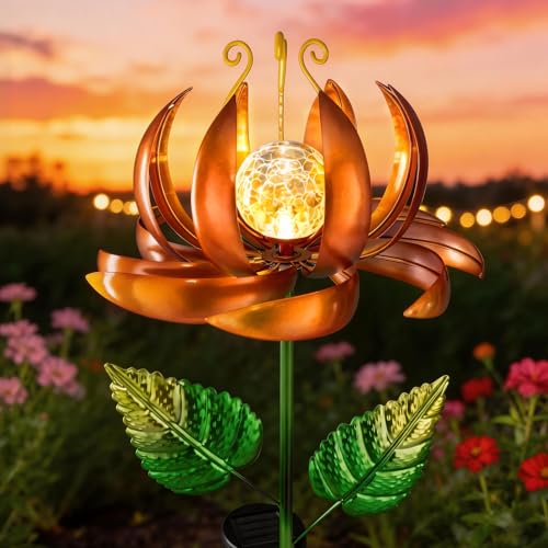 Image of Solar Yard Lights Wind Spinners- Metal Lotus Flower Garden Decor LED Crackle Glass Globe Yard Art Sculpture Solar Stake Lights for Patio Pathway Lawn Walkway (Yellow-Large)