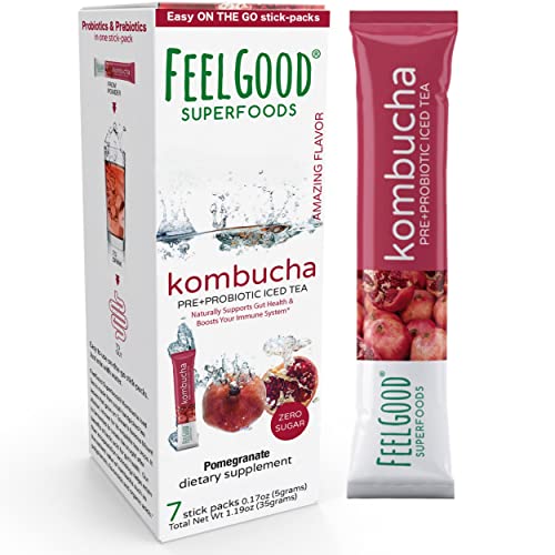 FeelGood Superfoods Kombucha Iced Tea Packets, Delicious Pomegranate Flavored Refreshing Instant Kombucha Powder Fizzy Drink, Probiotic Supplement for Gut Health, 7 pack