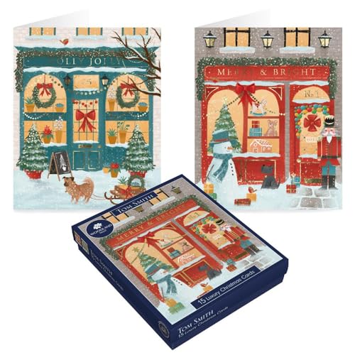 Image of Tom Smith Boxed Christmas Cards Pack - 15 Luxury Xmas Cards with Envelopes and Seals - Festive Shopfront Designs - Recycled Eco Friendly Christmas Card Set