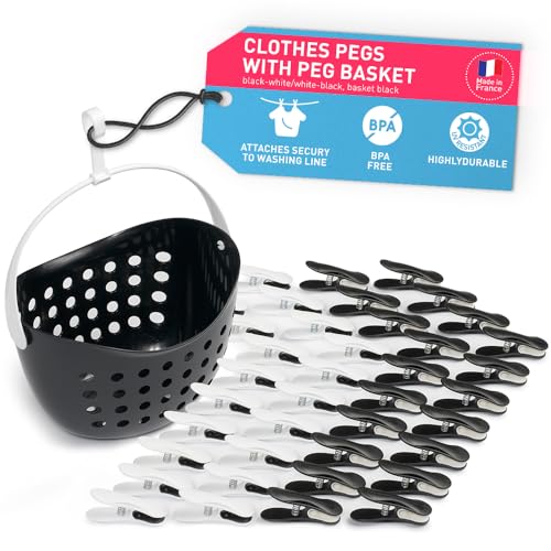 culiclean Clothes Pegs for Washing Line – Clothes Peg and Bag Set with Peg Basket for Washing Line – Washing Peg and Basket with Hanger – 40 Pegs, 1 Holder – black-white/black