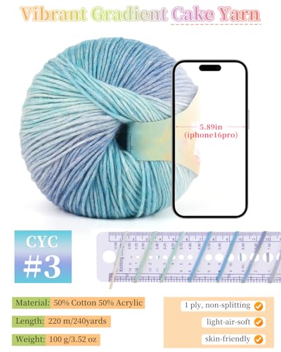 Image of Coopay Yarn for Crocheting Knitting, Gradient Cake Yarns, 2 x 3.53oz - 240yds - 50% Cotton 50% Acrylic Ombre Yarns, Crochet Yarn for Blankets, Shawls, Scarves (104 Blue Light)