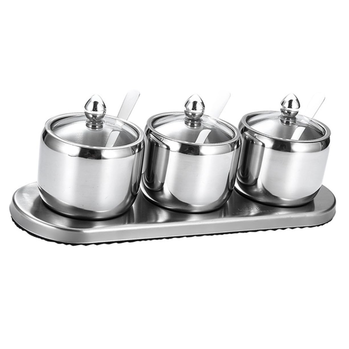 Pot à Épices Accessoire de Rangement Alimentaire 3 Bocaux en Acier Inoxydable avec Base Cuisine Moderne Récipient de Conservation Argenté et Buffet