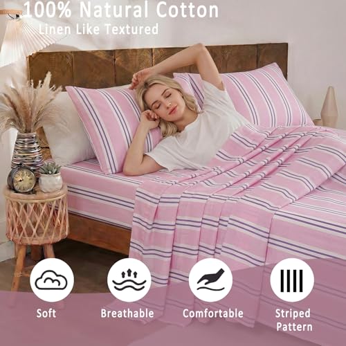 Image of Merryword 100% Cotton Sheet Set Queen Size, Purple Stripes Bedding, Soft Breathable Percale Weave, Modern Minimalist, Luxury Linen Like, Deep Pocket Fitted Sheet 17.5 inch