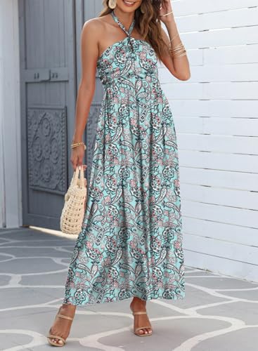 Image of Dokotoo Women's Summer Dresses Halter Neck Sleeveless Backless Flowy A Line Boho Maxi Dress