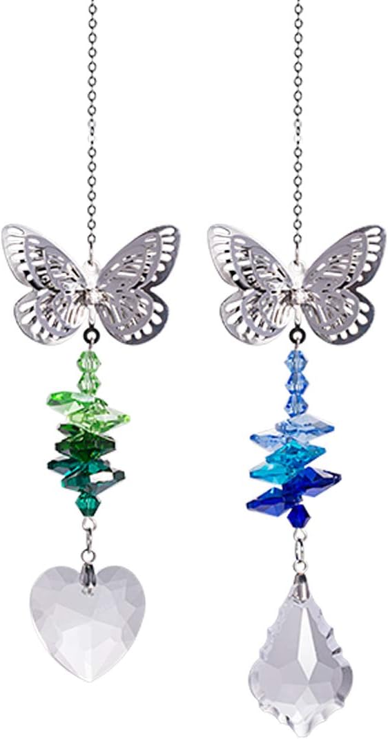 Colgante colgante de mariposa de metal con atrapasoles de cristal, diseño de chakras, decoración de ventanas, paquete de 2