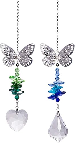 Colgante colgante de mariposa de metal con atrapasoles de cristal, diseño de chakras, decoración de ventanas, paquete de 2
