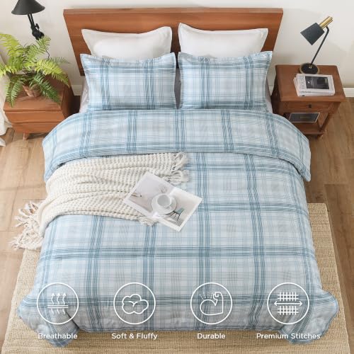 Image of Andency Blue Grey Comforter Set Full(79x90 Inch), Gingham Checkered Grid Stripes Bedding Comforter Sets for Boys Girls Kids, 3 Pieces Preppy Geometric Line Soft Lightweight Reversible Bed Set as Gift