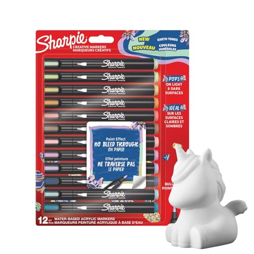 Sharpie Acrylfarbstifte - 12 Erdtöne | Marker auf Wasserbasis für Glas, Holz, Papier | Rundspitze | Ideal für Journaling, DIY | Kostenlose Einhorn-Spardose
