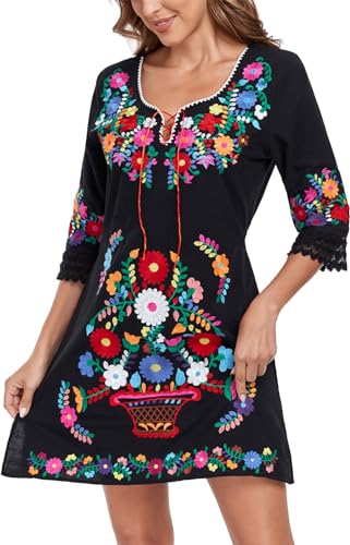 YZXDORWJ Women Mexican Embroidered Fiesta Dress V Neck Dress Short Sleeve4