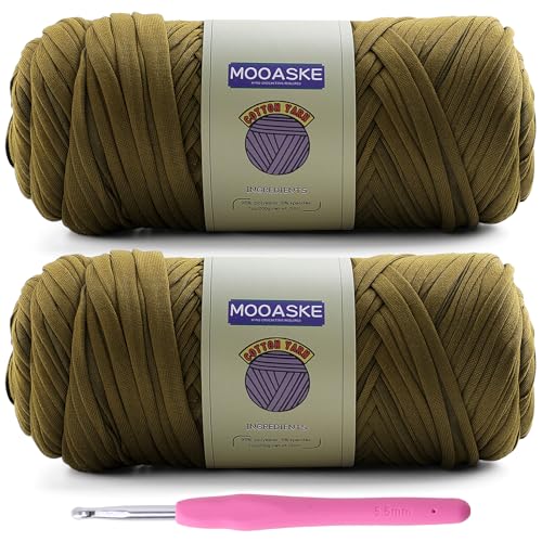 Image of Mooaske 2 Pack T-Shirt Crochet Yarn for DIY Knitting Crochet Cloth Blanket Bag Dolls - 400g Chunky Thick Yarn for Crocheting with Polyester-Spandex Blend Elastic Fabric (Dark Green)