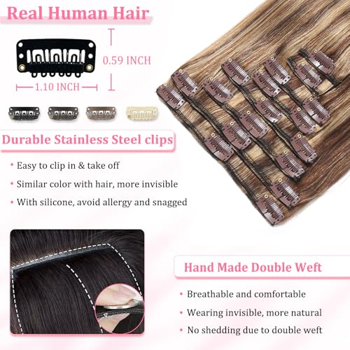 Image of Clip in Hair Extensions Real Human Hair Red Yellew Brown for Women