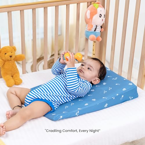 Image of Cherilo Standard Elevated Wedge Baby Pillows for New Born, Pillow for Kids, Crib & Mattress, Prevents Acid Reflux, Colic, GERD, Heat Burn & Vomiting, 14 inch x 19 inch x 3.5 inch, with Cover, Star Design, Blue