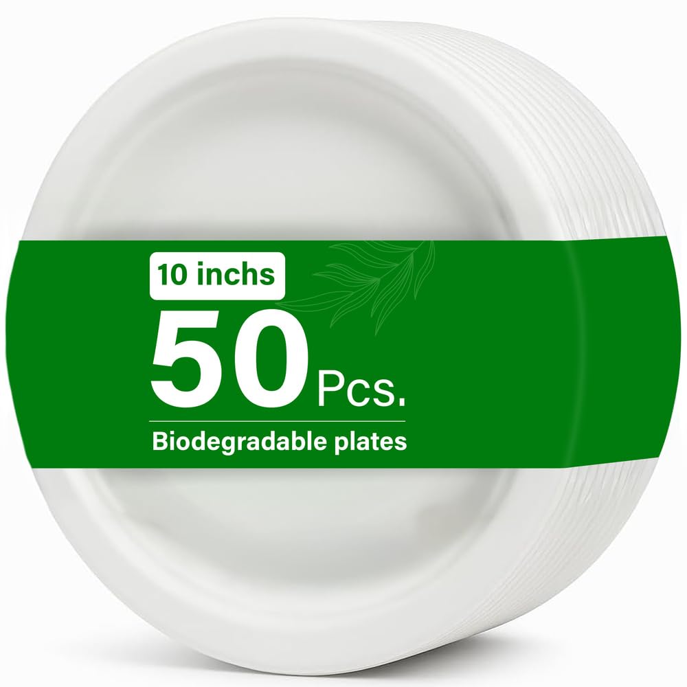 50pc 10" Biodegradable Bagasse Plates Extra Strong Eco Friendly Compostable Plates Made From 100% Natural Sugarcane Fibre, Oil And Cut Resistant, Perfect For Parties And Everyday Use