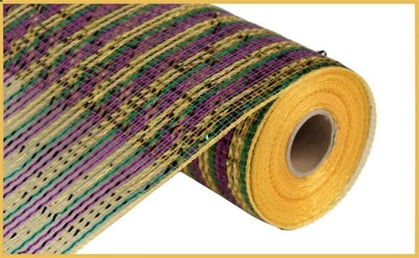 Mardi Gras 10 Inch Wide Poly Deco Plastic Mesh Deluxe Thin Stripe 10 Yards RE1347W3 Purple Gold Green