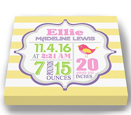 Personalized Stretched Canvas, Striped Birth Announcement, Custom Baby Name, Date, Weight Stats, Safari Lovebird Nursery Wall Decor, Wooden Frame Construction, Ready to Hang 24X24