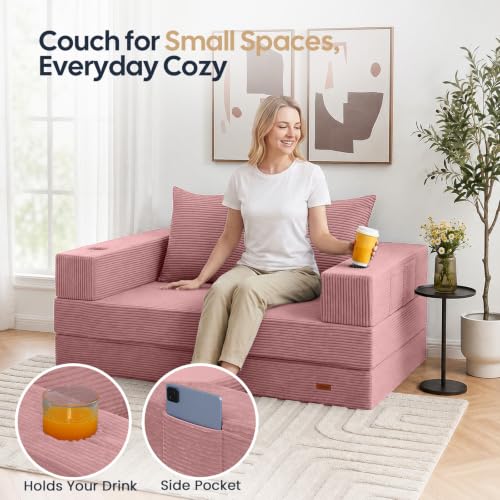 Image of COMAX Futon Sofa Bed, Convertible Sofa Bed, Folding Boneless Couches | Boneless Couch for living room, 4‑in‑1 Fold Out Small Foldable Loveseat Floor Sleeper Mattress Lounge Space‑Saving, Pink