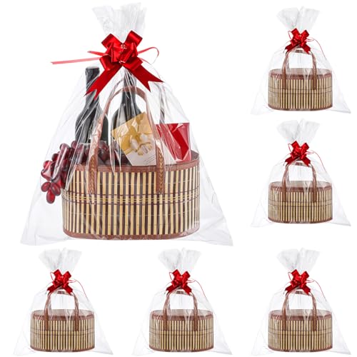 Tioncy 6 Set Baskets for Gifts Empty Bulk Large Woven Bamboo Gift Basket Kit with Handles, Clear Cellophane Wrap Baskets for Baby Shower, Birthday Party Wrapping Gift Bags Cards(Yellow)