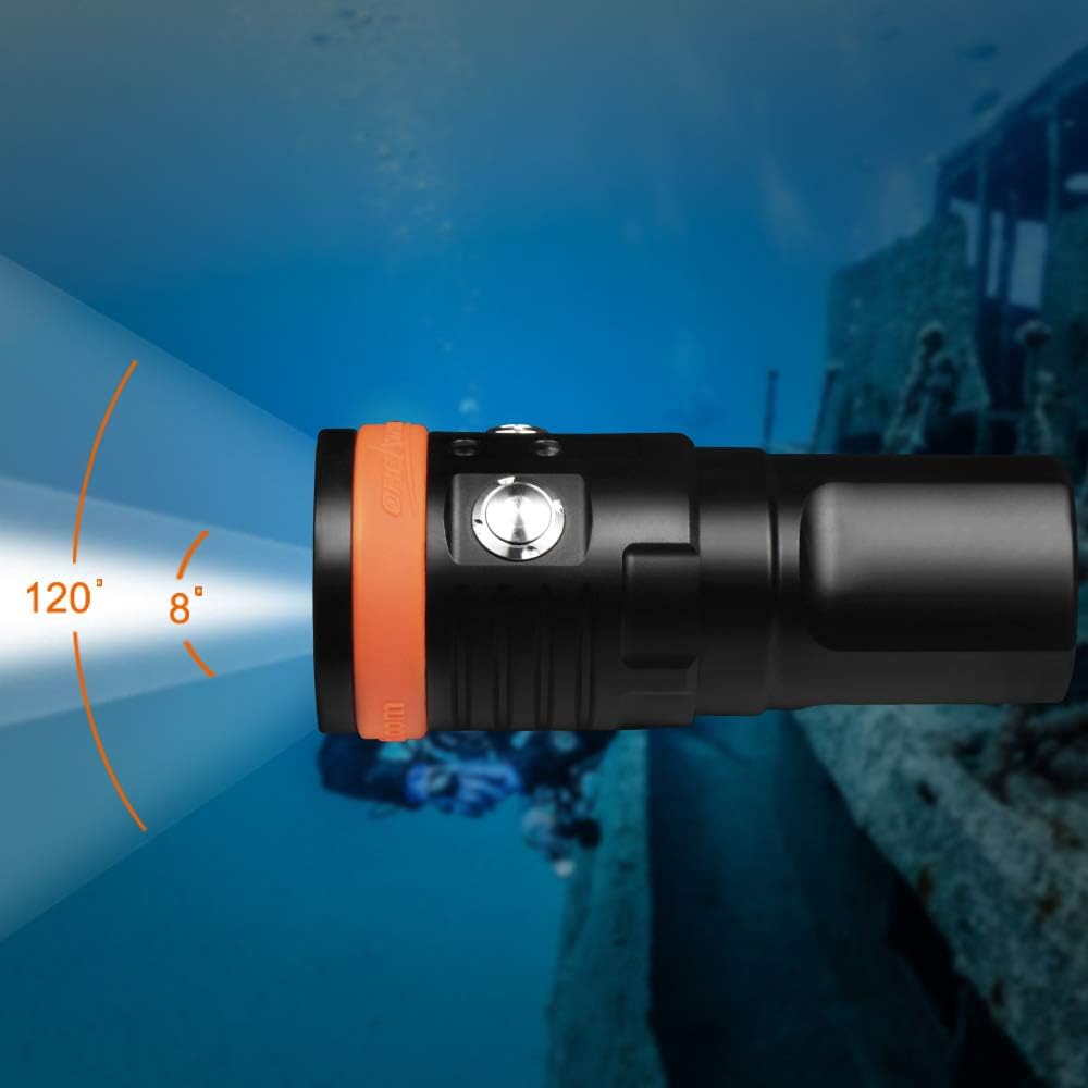 ORCATORCH D900V Underwater Video Dive Light - 2200 Lumens with 4 Colors, Red, UV, Neutral White 120° Flood Beam & Cool White 8° Spot Beam, Dual Titanium Alloy Switch, Battery Indicator for Photography