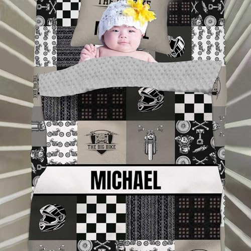 Munific Custom Name Crib Bedding Sets for Boys, Personalized Motorcycle 2 Piece Set, Minky Dotted Backing Blanket, Fitted Sheet, Nursery Sets for Newborn Toddler Infant
