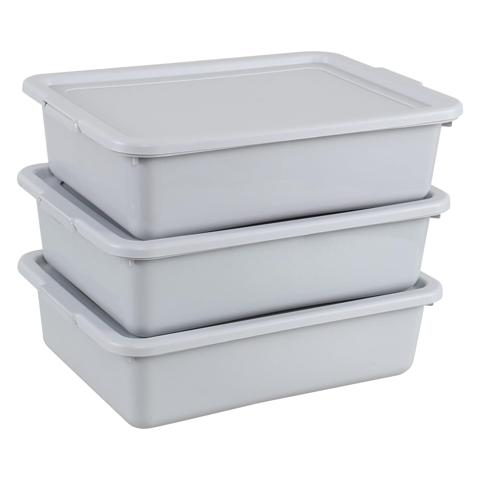 Waikhomes 13 L Plastic Restaurant Dish Tub, Commercial Utility Bus Boxes with Lids, 3 Packs, Gray