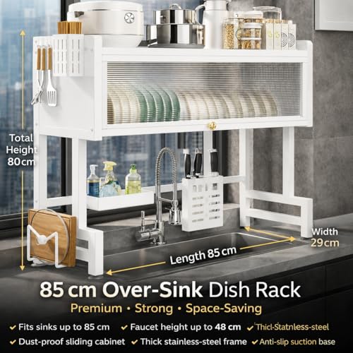 Image of HomeCloud Over-The-Sink Dish Drying Rack with Dustproof Flip Cover Door | Multifunctional Adjustable Metal Kitchen Countertop Organizer (White, 85x80x29Cm)