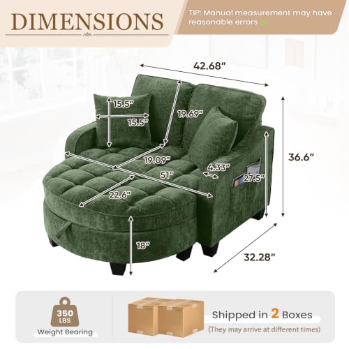 Image of Oversized Chair and A Half, Chenille Tufting Accent Cozy Reading Sofa Chair with Storage Ottoman, Upholstered Loveseat Chaise Lounge Sofa with Adjustable Back for Living Room, Office, Sunroom, Green
