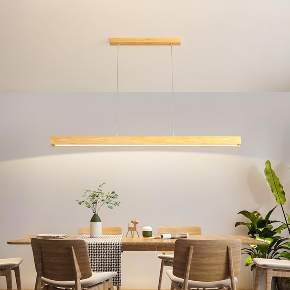 Liniowa drewniana lampa wisząca, długa lampa do bagażnika z białym akrylowym abażurem, żyrandol LED, prostokątne światła jesionowe, światła dla (kolor: możliwość przyciemniania, rozmiar 100 cm)