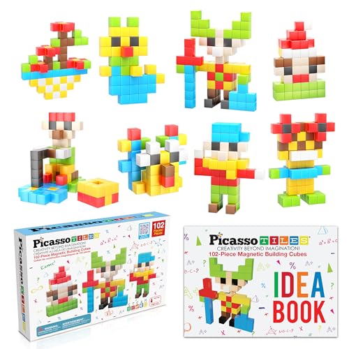 PicassoTiles 102 Pieces 1 Magnetic Toy Building Block Cubes Building Block 3D Cube Construction Cubes Magnet Sensory Toys Gifts Educational with Free Idea Book for Kid Boy Girl& Toddler PMC102