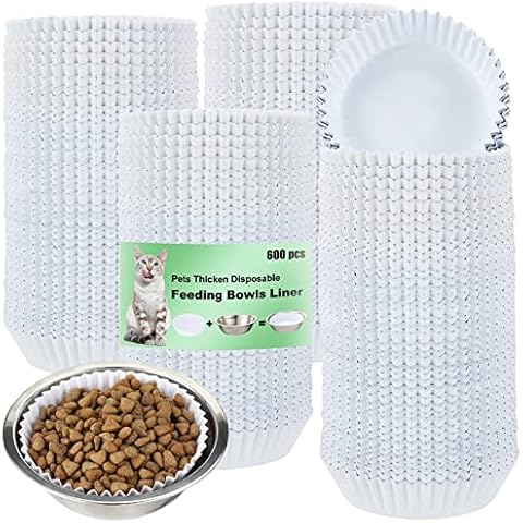 meekoo 600 Pcs Large Pet Disposable Feeding Bowls Liner Bulk Cat Food Bowls Small Paper Bowls Paper Liner for Small Dogs Cats Dish Bowl Wet Food Feeding Station (White) Cover