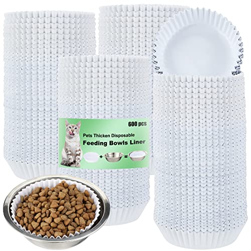 meekoo 600 Pcs Large Pet Disposable Feeding Bowls Liner Bulk Cat Food Bowls Small Paper Dish Paper Liner for Small Dogs Cats Dish Wet Food Feeding Station(White Classic)