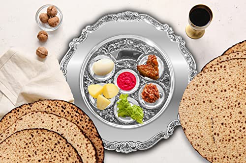 Ner Mitzvah Silver Plated Passover Seder Plate - Traditional Judaica Passover Seder Plate - Kaarah Shallow Traditional Design Large 12" Diameter #TOP3