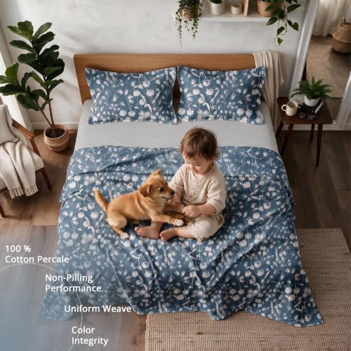 Image of Linen Home Cotton Percale Flat Bedsheet Set King Size Blossomy Blue