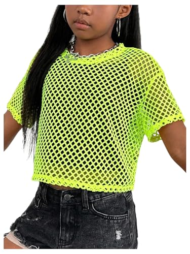 Floerns Girl's Y2k Netted Mesh Shirt Short Sleeve Crew Neck Street Crop Tops