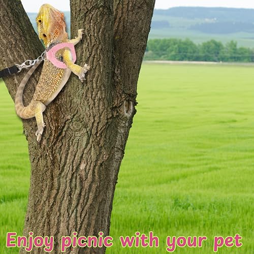 Image of Bearded Dragon Harness and Leash with Bunny Ears Set, Bearded Dragon Hats, Reptile Leash and Cute Hat, Costume Small Reptile Supplies for Gecko Squirrel (Pink Bunny)