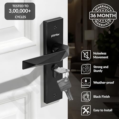 Image of Plantex Heavy-Duty Door Lock Handle Set /6-Lever Lock Mechanism with 3 Years of Warranty /Mortise Lock with 3 Keys, Brass Lock Body & Cylinder - (Z-Black)