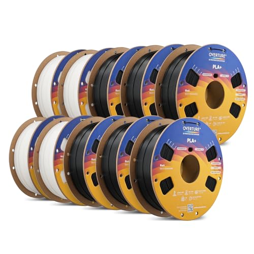 OVERTURE 10KG Bundle High Speed PLA+ 3D Printer Filament 1.75mm, Upgraded Rapid PLA 2.0 with Enhanced Toughness & Stability, 10 Pack 1kg Spool (2.2lbs) Fit Most FDM 3D Printers (Black*6+White *4)