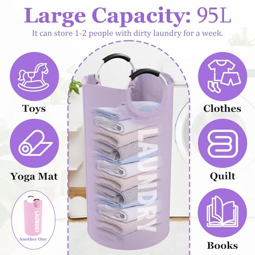 Image of 2Pcs 95L Purple + Pink Laundry Basket, Folding Laundry Hampers for Women with Soft Handles, Freestanding Dirty Clothes Basket, Sturdy Oxford Fabric Clothes Hampers for Travel, Dormitory