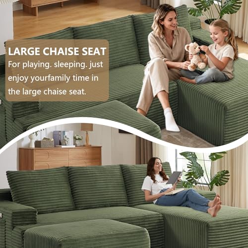 Image of 96 inch U-Shape Cloud Couch, Modern Modular Sectional L-Shape Sofa with Ottoman, Corduroy Upholstered Couches Deep Seat Sleeper Chaise Longue for Living Room, No Assembly Required(Green, Right Facing)