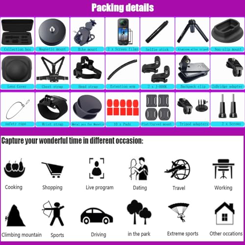 Image of Accessories Kit for Insta360 X5 / X4 Camera Mount Bundle with Magnetic Mount Carrying Case, Selfie Stick, Tripod, Chest Strap,Bike Clamp,Screen Protector Non-Slip Mounts for Insta 360 X5 / X4 60I