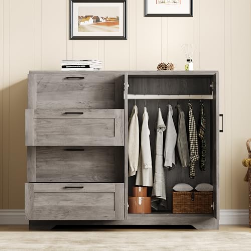 IDEALHOUSE 43.3'' H Armoire Wardrobe Closet with 4 Drawers and 2 Doors, Hanging Rod, Multifunctional Wooden Dresser with Storage Closet, Bathroom Cabinet for Bedroom, Gray by IDEALHOUSE - Used condition - US$162.49