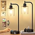Industrial Table Lamps for Bedrooms Set of 2 - Fully Dimmable Bedside Lamps with USB A and C Ports and Outlet, Black Nightstand Lamps with Glass Shade for Living Room, Desk Lamps for Office Reading