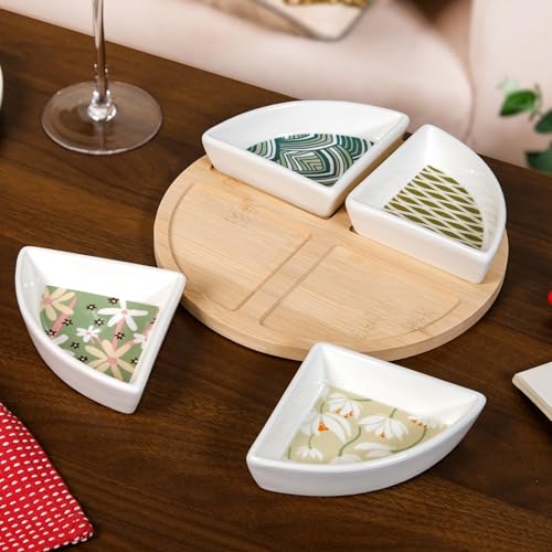 Image of Nestasia Ceramic Serving Platter Set | 4 Small Sectioned Plates with 1 Circular Wooden Tray | 100% Food Safe Serving Tray Set - Perfect for Serving Sweets, Dips, Dry Fruits & Snacks (Green & White)