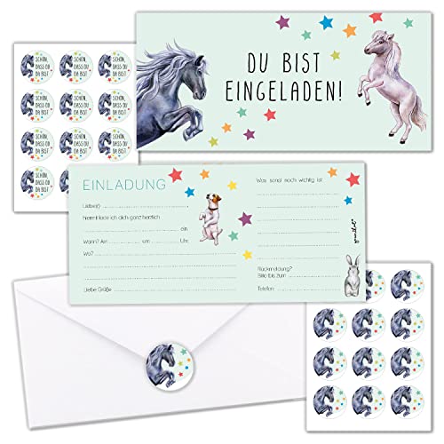 younikat 10er-Set Einladungskarten Kindergeburtstag I für verschiedene Anlässe mit Pferd-Motiv I DIN Lang - 9,8 x 21 cm I mit Umschlägen und passenden Aufklebern I PEFC Zertifiziert I dv_1112