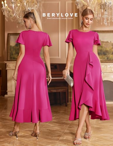 Image of BeryLove Women Formal Party Dress Flutter Short Sleeve Wedding Cocktail Long Evening Dress