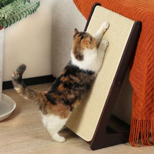 Zakkart L-Shaped Sisal Cat Scratcher 24.8 Tall Convertible 70 Vertical Scratching Pad & 20 Ramp Scratcher Natural Sisal Mat Solid Wood Frame Helps Protect Furniture Easy Assembly (Dark)