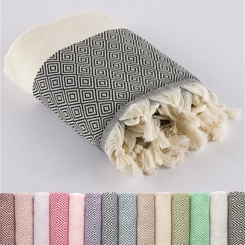 LUCIDUS® 180 x 100 Strandhandduk, Hamam-handduk, Bastuhandduk, Badhandduk, Picknickfilt,% 100 Bomull, Kvinnor och Män, Extra Lätt, Snabbtorkande, Sandfri (Matt Svart Diamant)