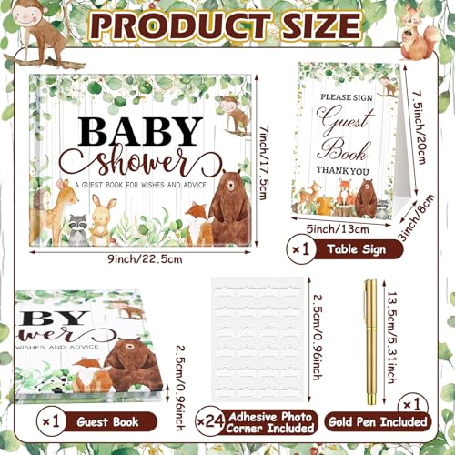 Image of Fuyoooo 27 Pcs Woodland Animal Baby Shower Guest Book Set Baby Shower Sign in Guest Floral Book Place Table Cards with Gold Pen Adhesive Photo Corner for Birthday Party