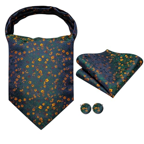 Image of Hi-Tie Silk Ascot for Men Self Tie Men's Cravat and Flower Lapel Pin Handkerchief Cufflinks Set for Wedding Party